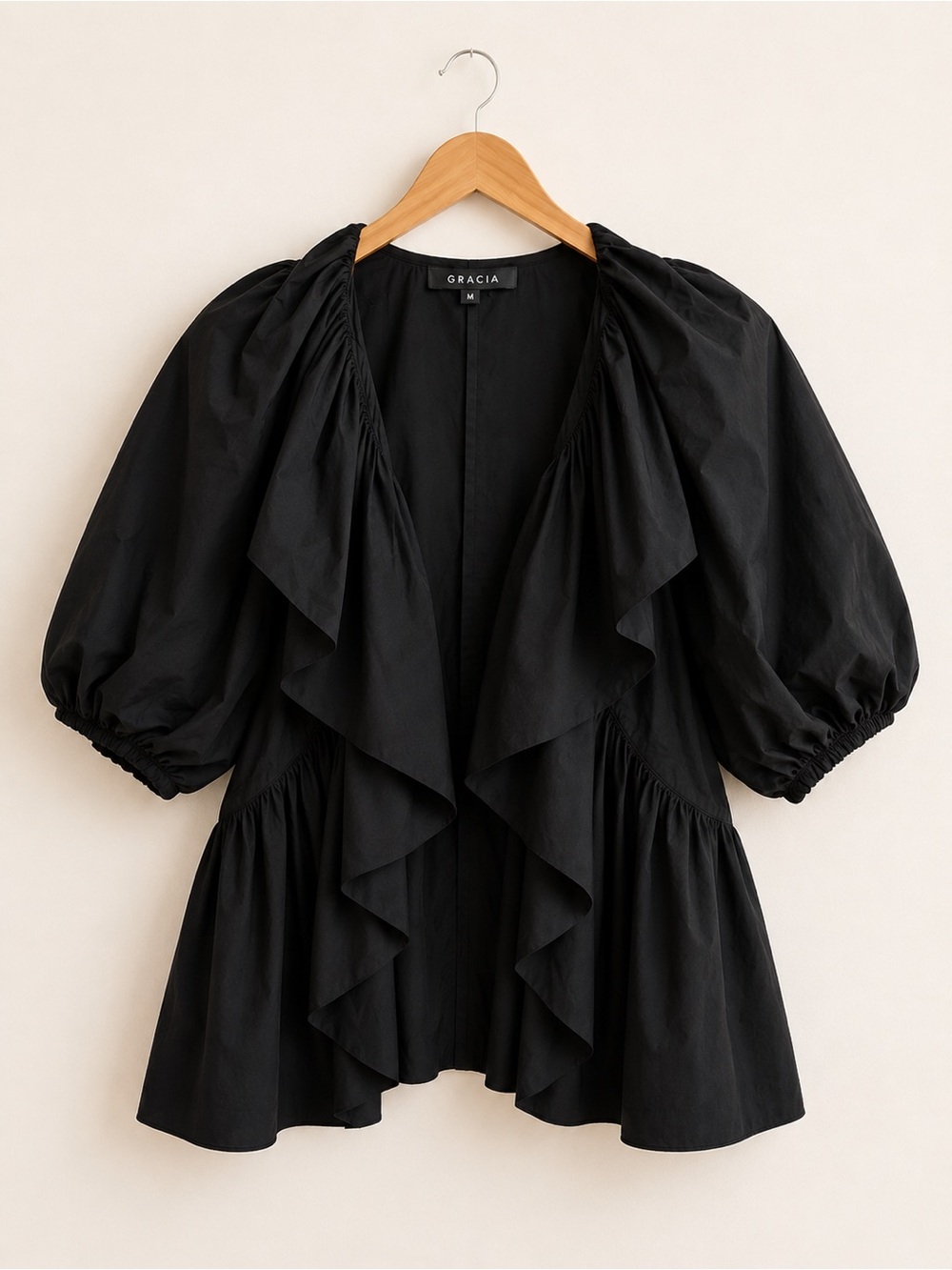 Gracia Black Ruffle Open Front Puff Sleeve Blouse Medium